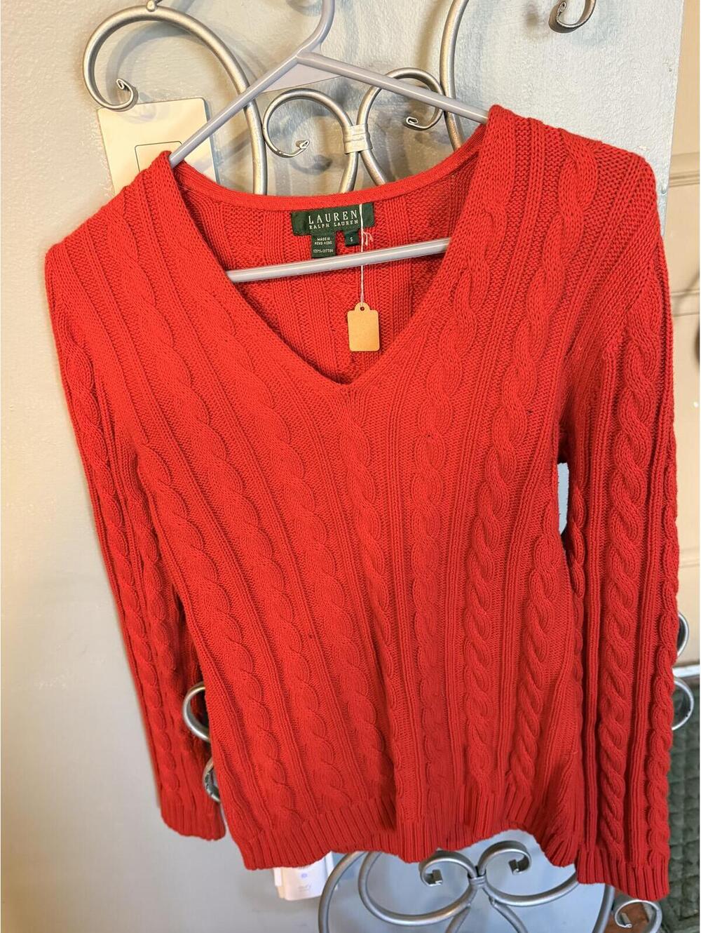 Lauren Ralph Lauren Women's Red Cable Knit Cotton Sweater Size S